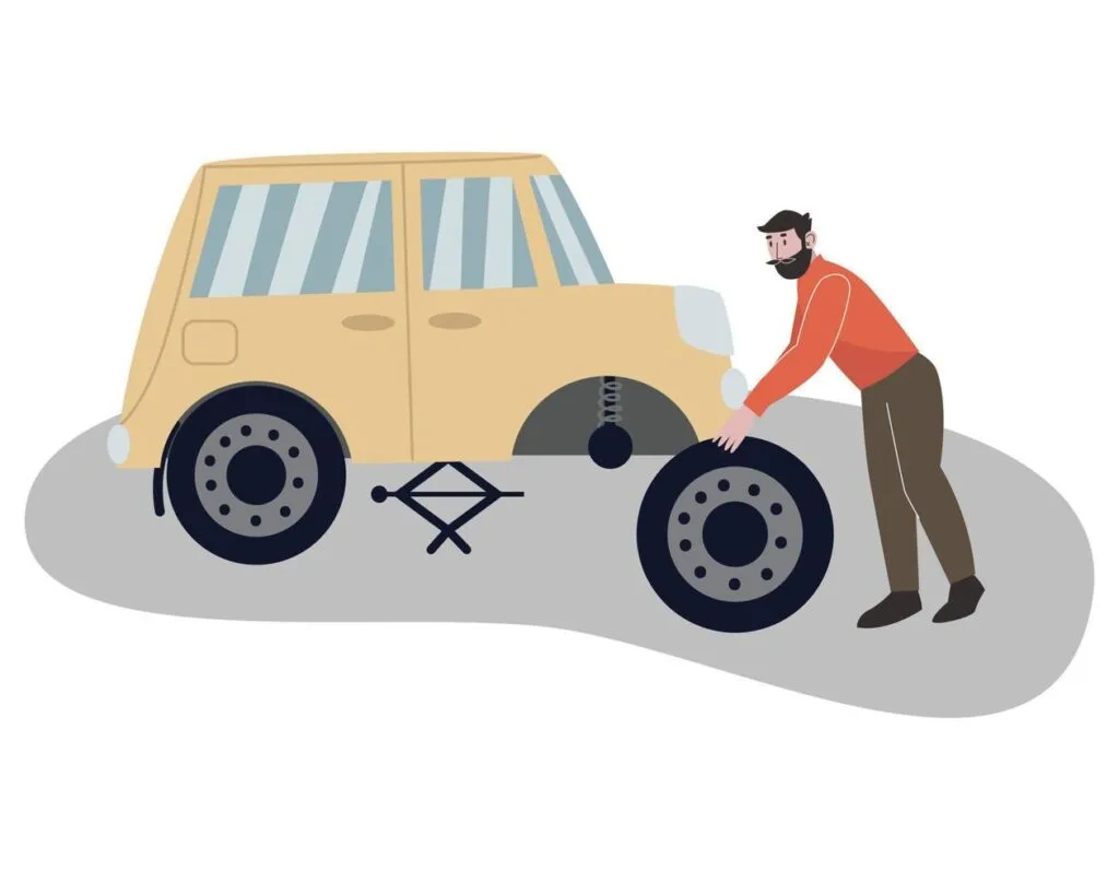 Driver Character Fixing Broken Car Wheel Man Replaces A Wheel On The Car Flat Illustration Isolated White Background Vector